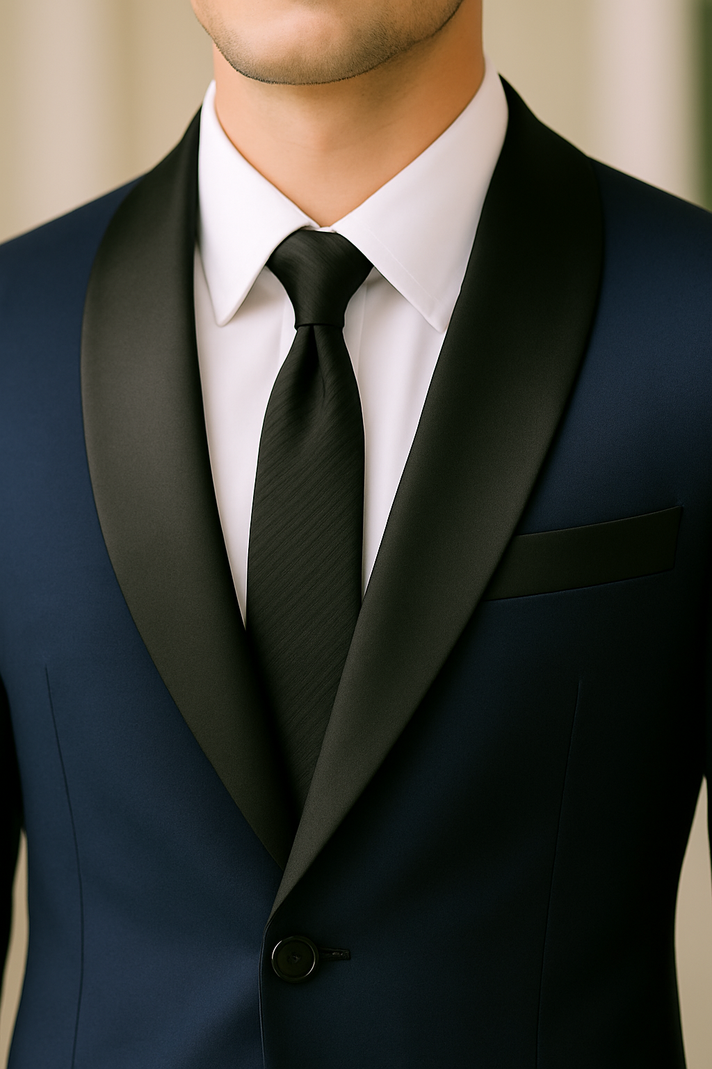 Made-to-Order Navy Blue Business Suit – Shawl Lapel, Flap Pockets