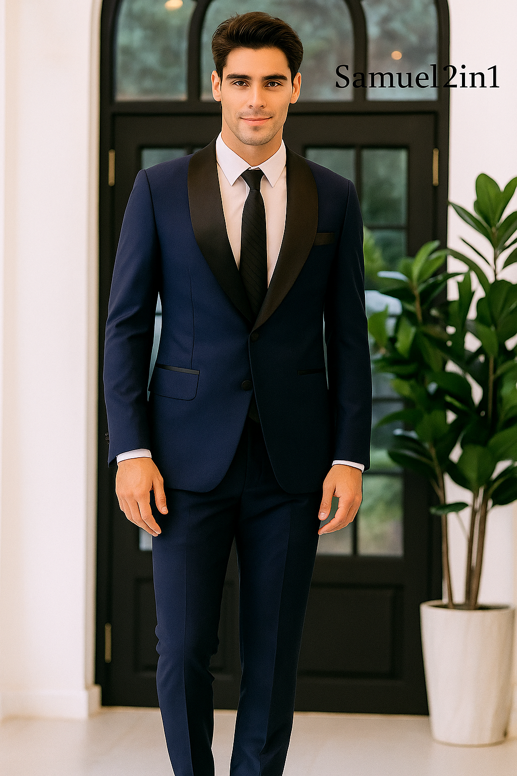 Made-to-Order Navy Blue Business Suit – Shawl Lapel, Flap Pockets