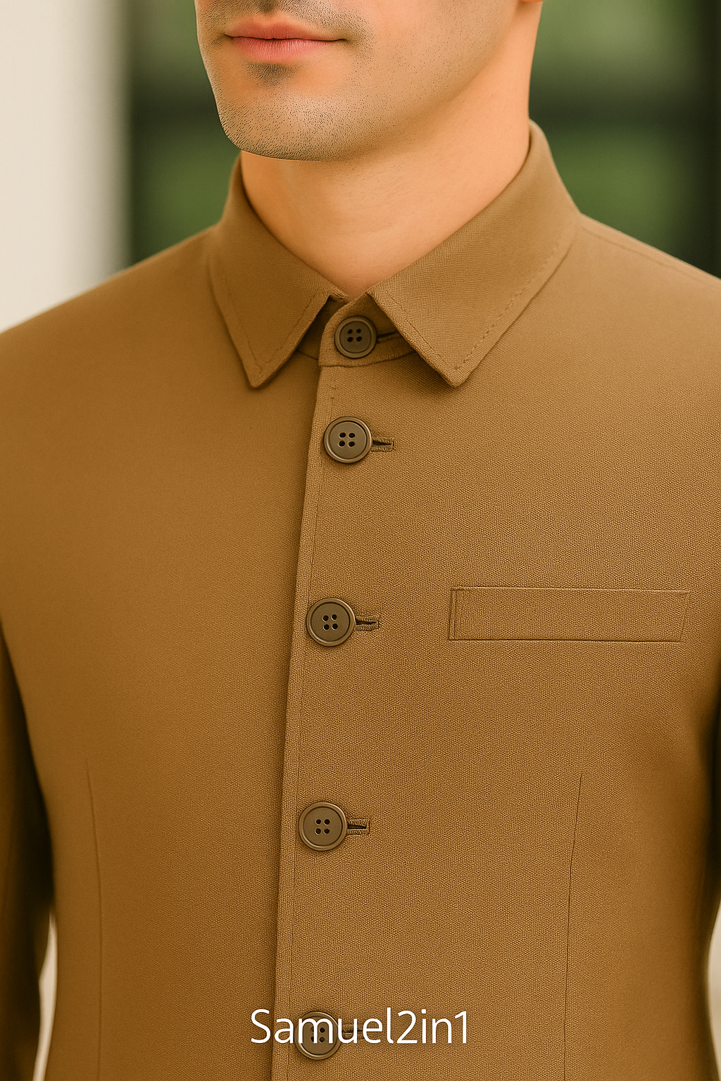 Samuel2in1 Made to Order – Brown Spread Collar Button-Up Suit with Flap Pockets