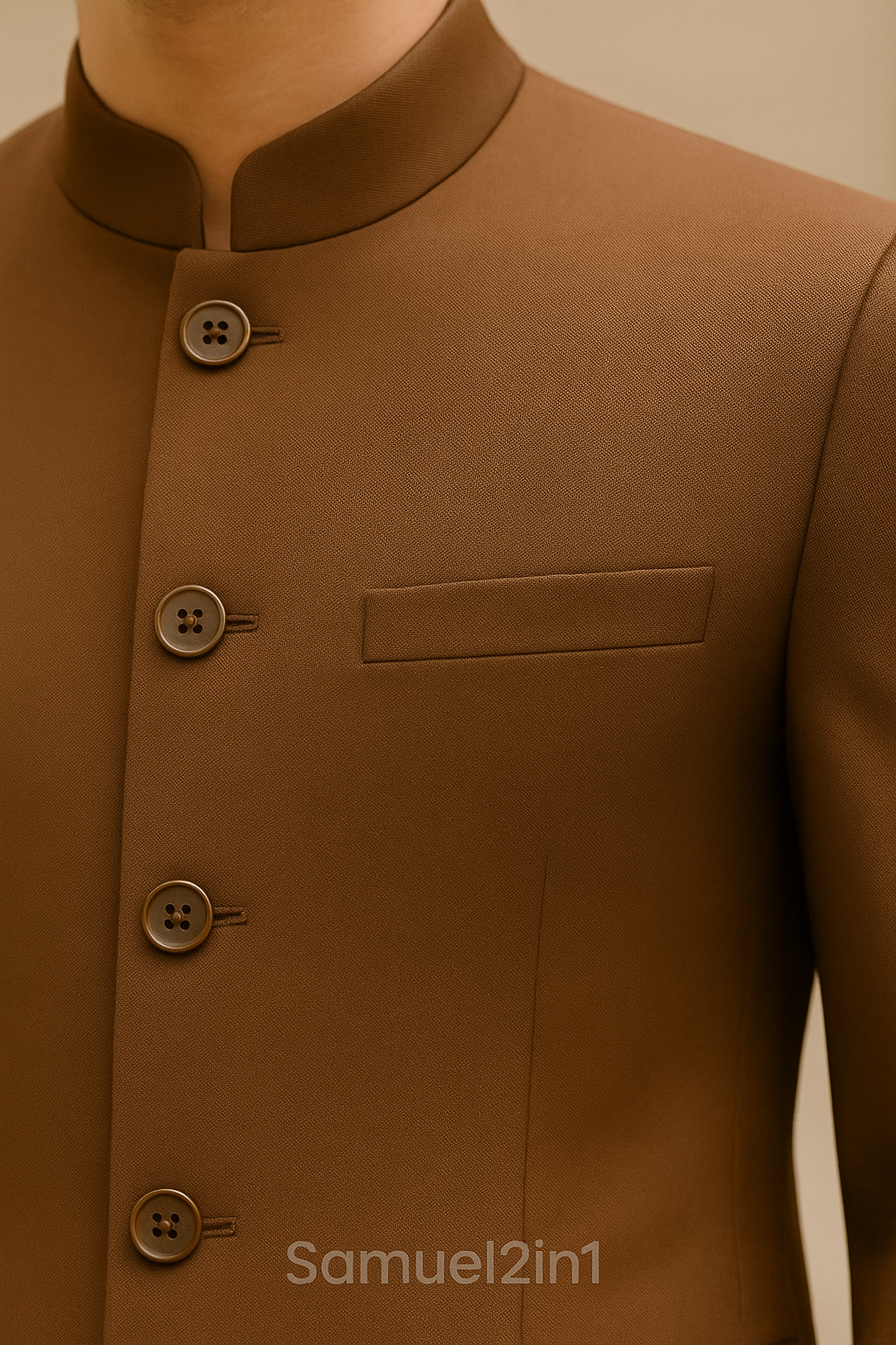 Samuel2in1 Made to Order – Brown Nehru Collar Suit with Flap Pockets