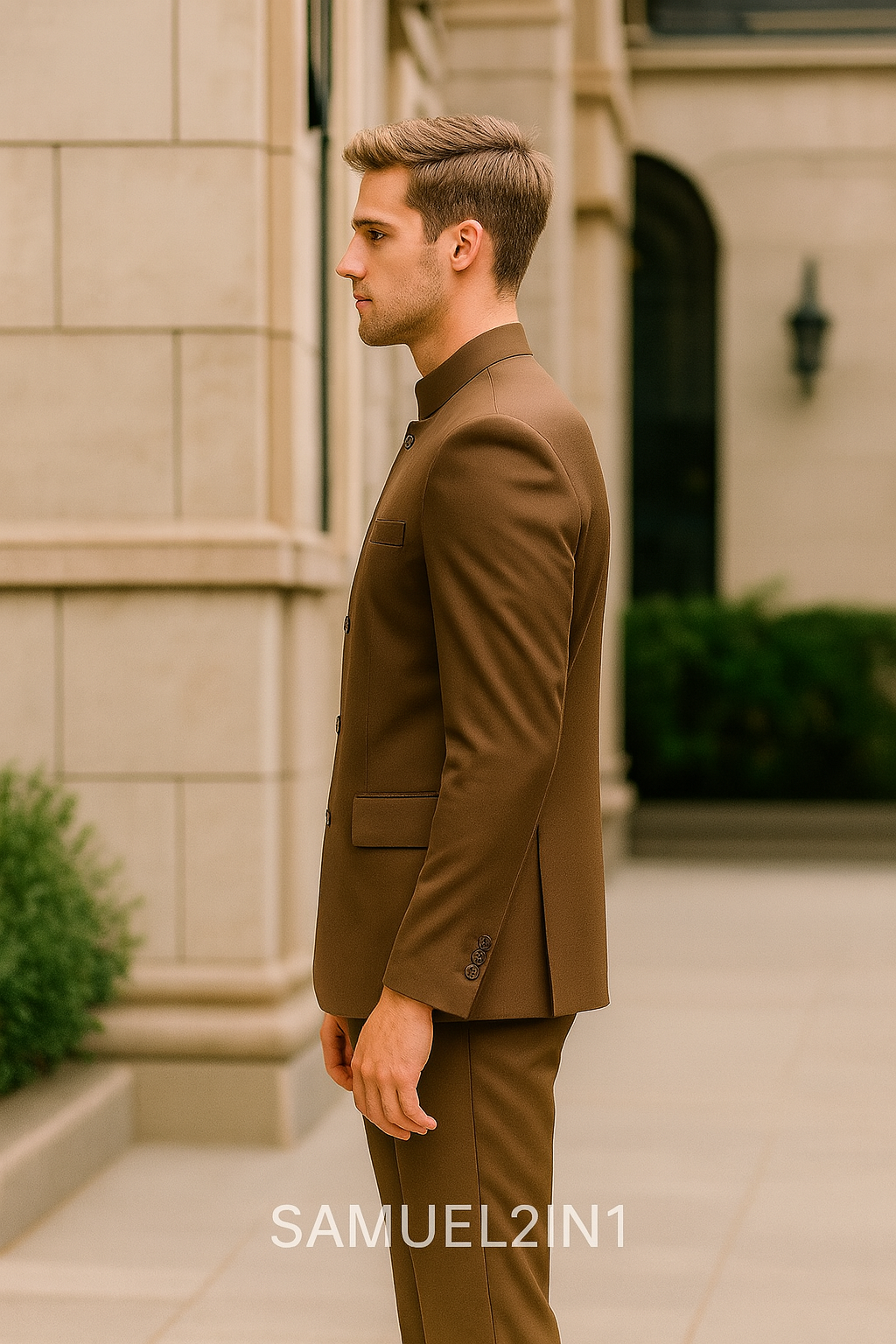 Samuel2in1 Made to Order – Brown Nehru Collar Suit with Flap Pockets