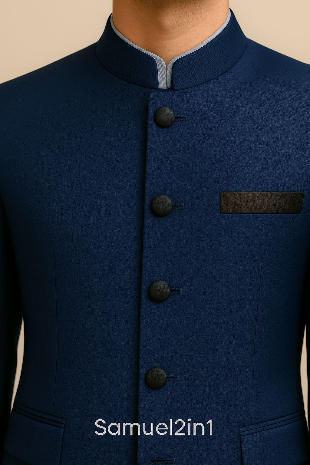 Samuel2in1 Made to Order – Navy Nehru Collar Suit with Black Pocket Detail