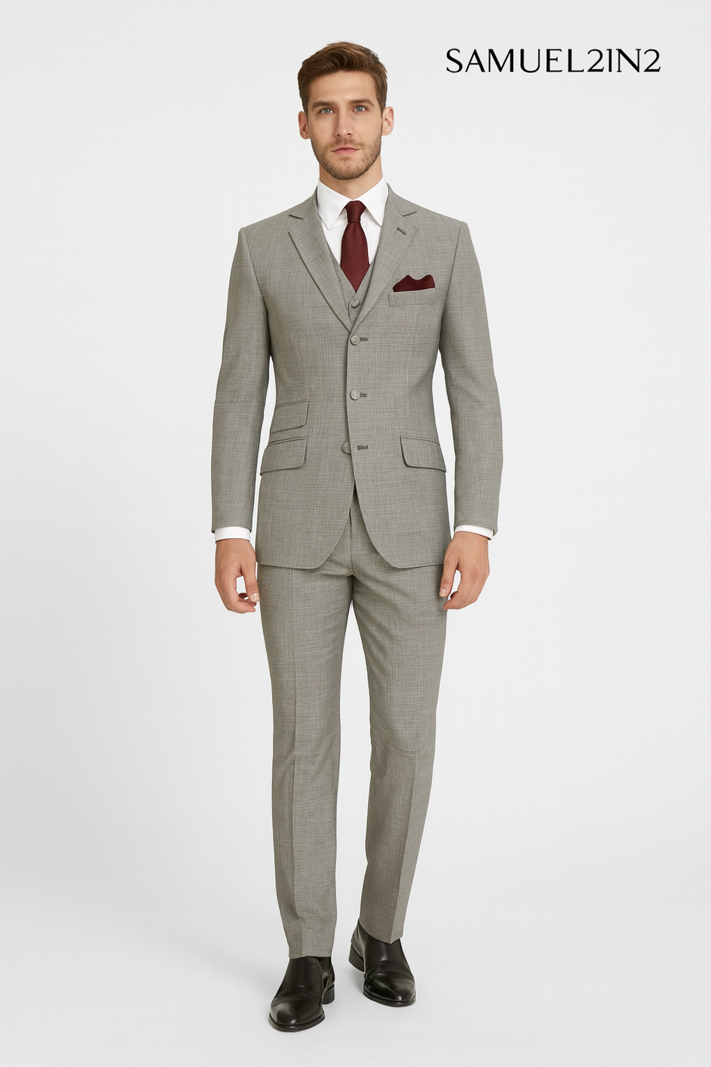 Samuel2in2 Light Grey Modern Fit Suit – Classic 3-Piece Business & Wedding Suit