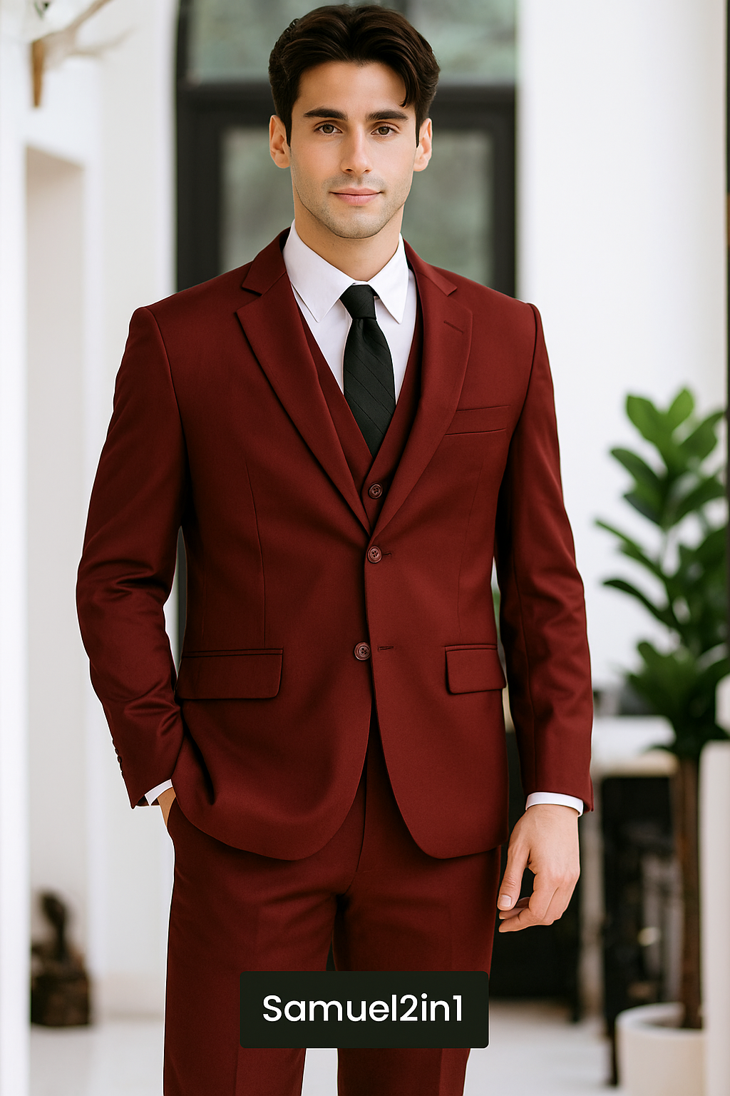 Samuel2in1 Made to Order – Red Wine 3-Piece Suit with Patch Pockets