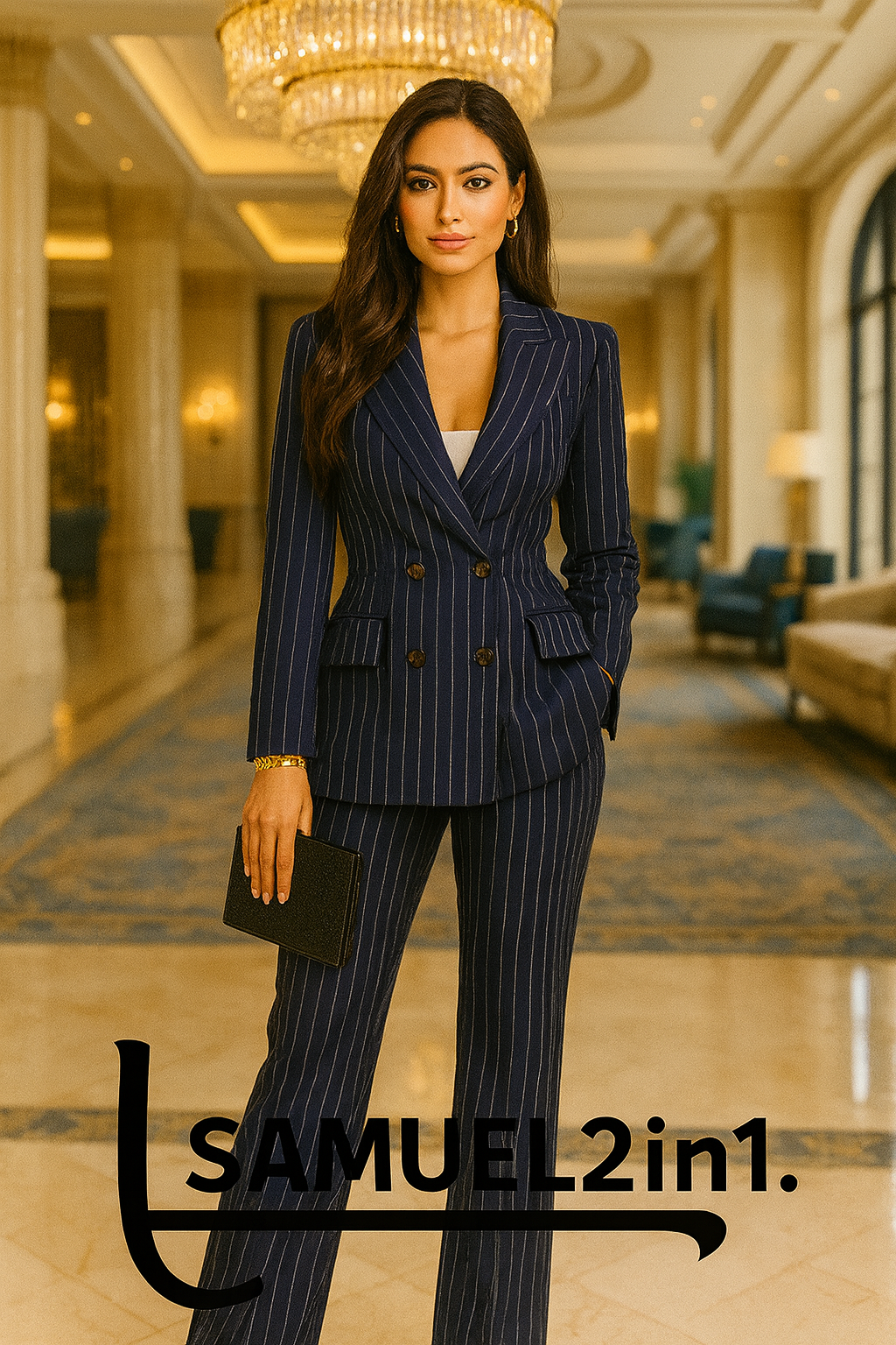 Women’s Navy Pinstripe Double-Breasted Suit | Samuel2in1 Luxury Tailoring