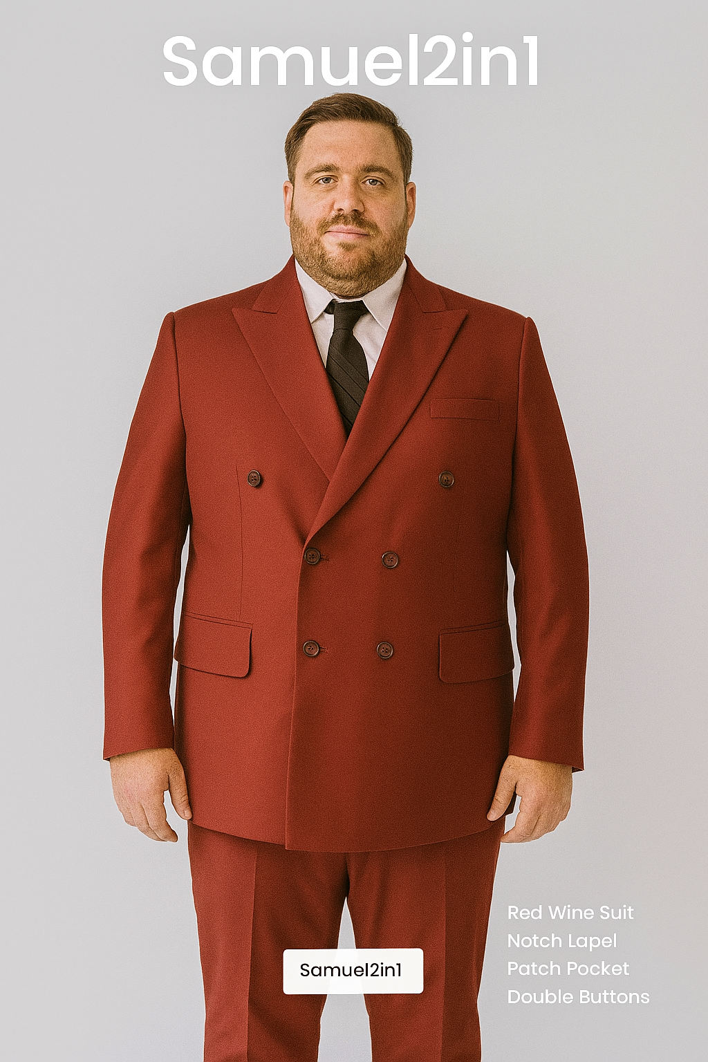 Made-to-Order Plus Size Burgundy Double-Breasted Suit – Notch Lapel, Patch Pocket, Cashmere Blend