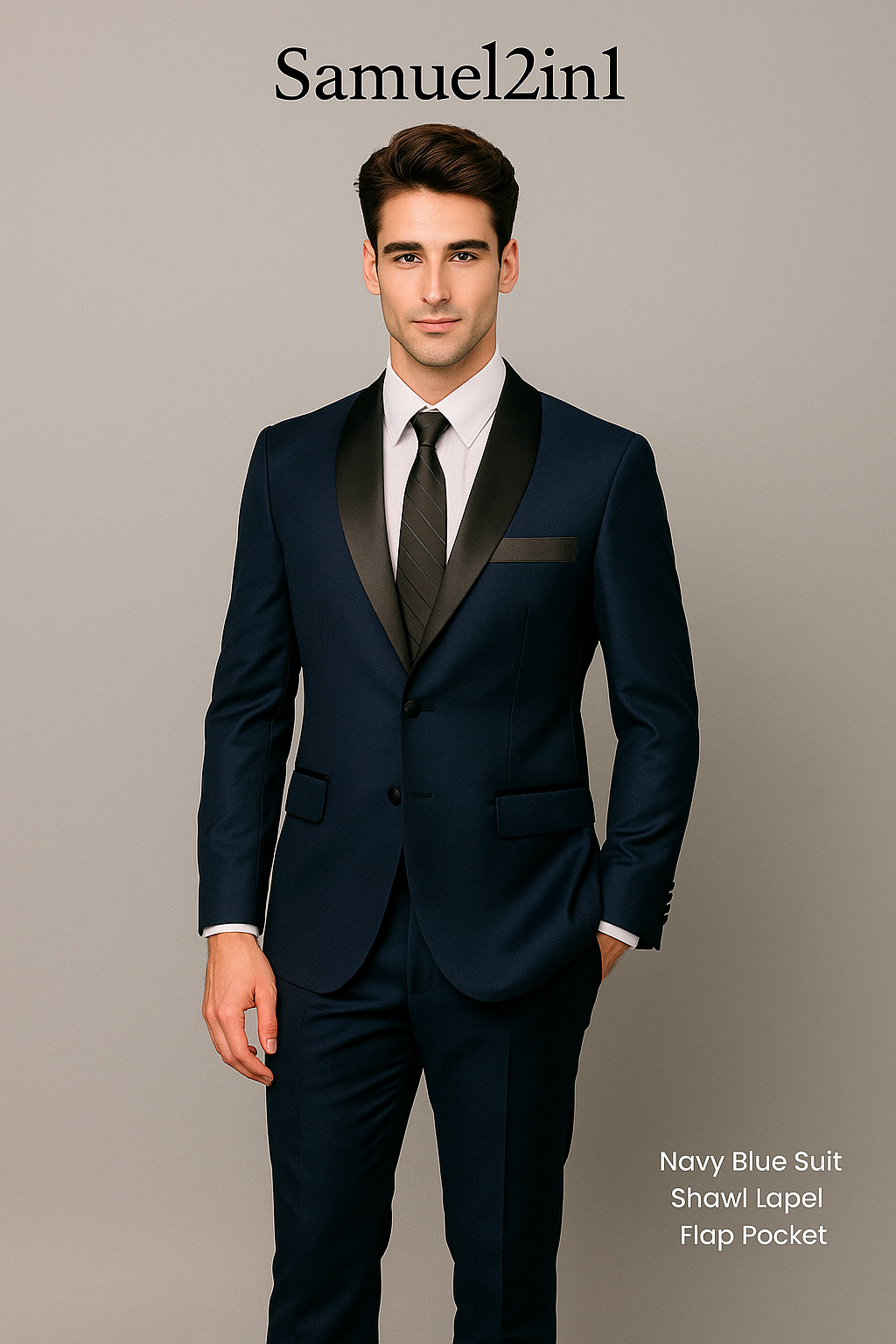 Made-to-Order Navy Blue Business Suit – Shawl Lapel, Flap Pockets
