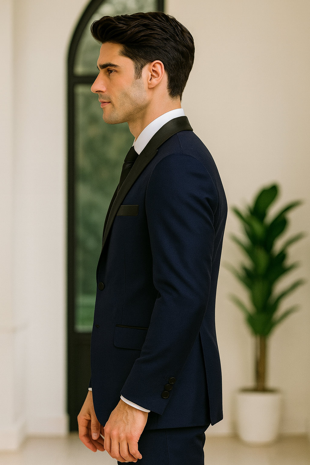 Made-to-Order Navy Blue Business Suit – Shawl Lapel, Flap Pockets