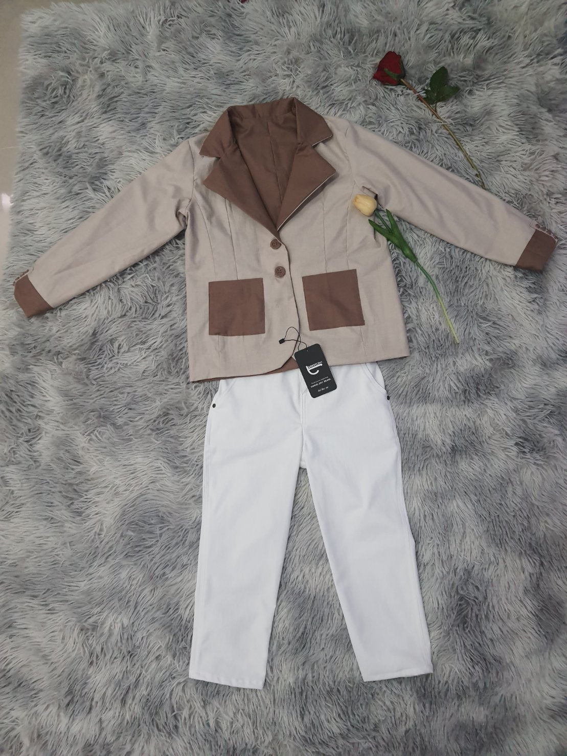 Kids Reversible Suit Set – Two Styles in One (Brown & Beige)