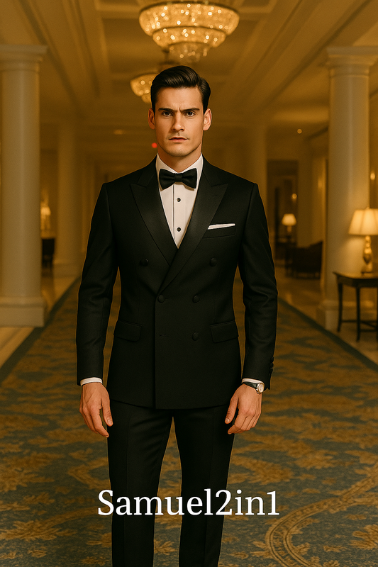 Samuel2in1 Black Double-Breasted Peak Lapel Tuxedo – Made to Order Men’s Luxury Black Tie Suit