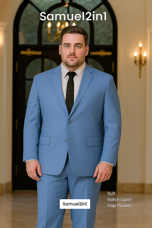 Made-to-Order Plus Size Sky Blue Suit – Notch Lapel, Flap Pockets