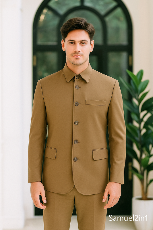 Samuel2in1 Made to Order – Brown Spread Collar Button-Up Suit with Flap Pockets
