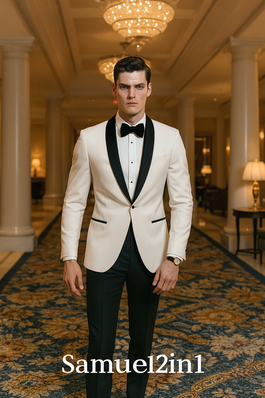 Samuel2in1 White Tuxedo with Black Shawl Lapel – Made to Order Luxury Men’s Formal Dinner Jacket