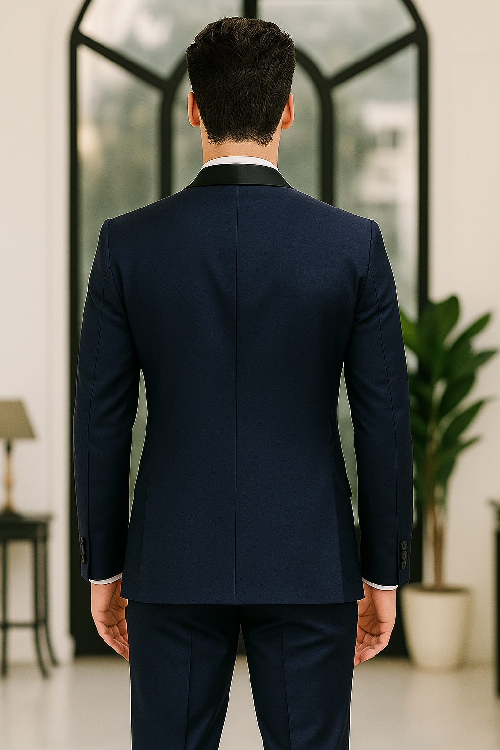 Made-to-Order Navy Blue Business Suit – Shawl Lapel, Flap Pockets