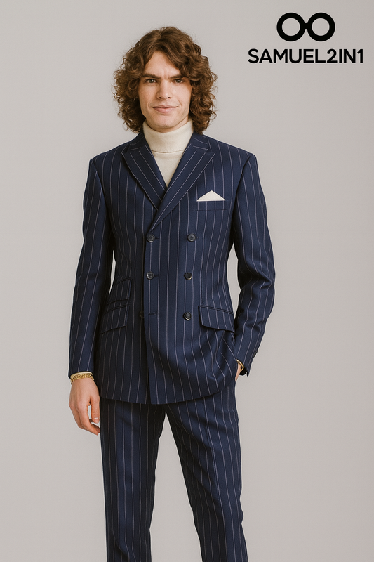 Samuel2in1 Men’s Navy Pinstripe Mod Suit – Double-Breasted Tailored Elegance