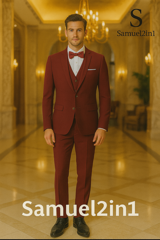 Samuel2in1 Elegant Red Wine Three-Piece Suit – Made to Order