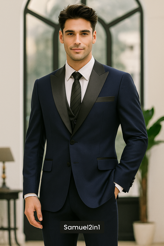 Samuel2in1 Made to Order – Navy Blue Peak Lapel 3-Piece Suit | Luxury Formalwear