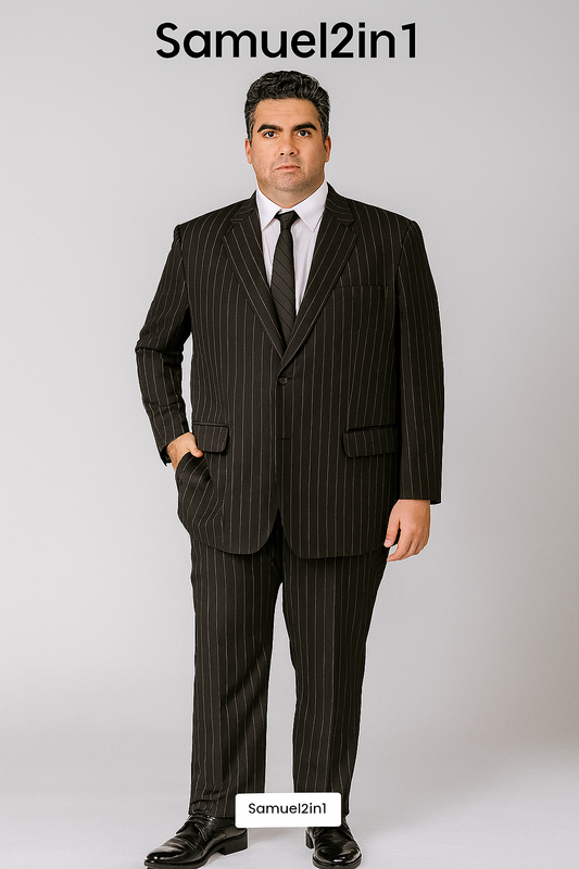 Made-to-Order Plus Size Black Pinstripe Suit – Notch Lapel, Flap Pockets