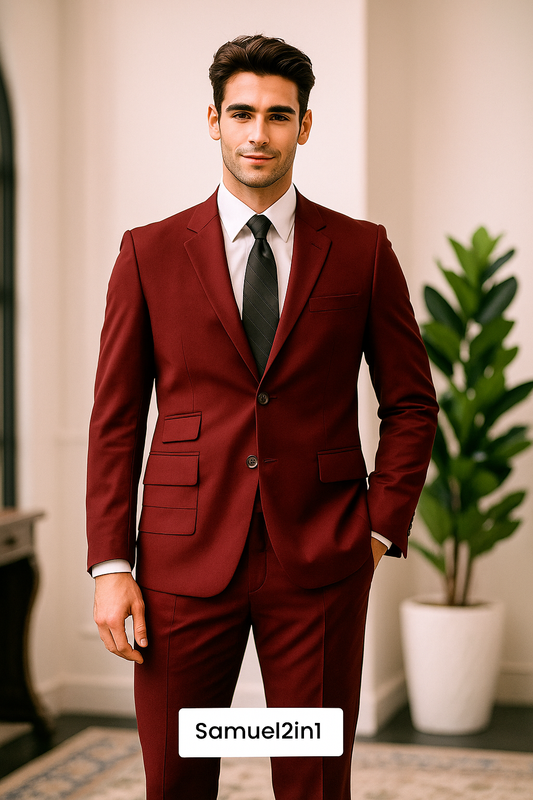 Samuel2in1 Single-Breasted Burgundy Suit with Flap Pockets – Made to Order