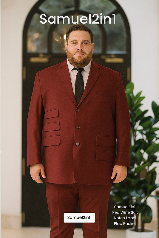 Made-to-Order Plus Size Red Wine Suit – Notch Lapel, Multi Flap Pockets