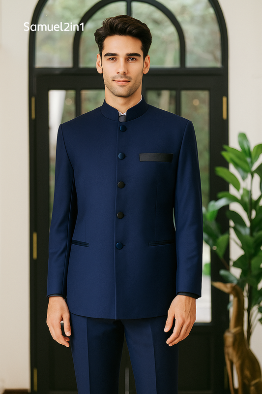 Samuel2in1 Made to Order – Navy Nehru Collar Suit with Black Pocket Detail