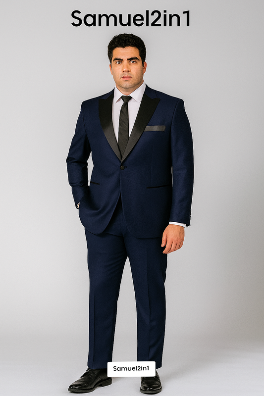 Made-to-Order Plus Size Navy Blue Suit – Peak Lapel, Flap Pocket, Cashmere Blend