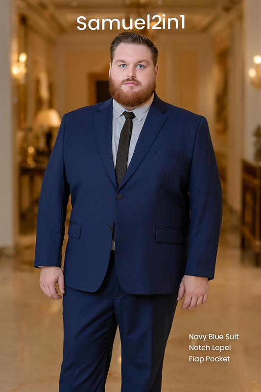 Made-to-Order Plus Size Navy Blue Cashmere Suit – Notch Lapel & Flap Pocket
