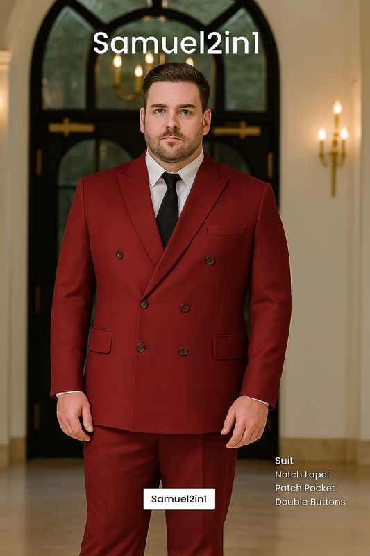 Made-to-Order Plus Size Burgundy Double-Breasted Suit – Notch Lapel, Patch Pocket, Cashmere Blend