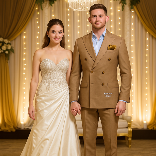 Tan Double-Breasted Cashmere Blend Wedding Suit – Made to Order Groom Attire by Samuel2in1