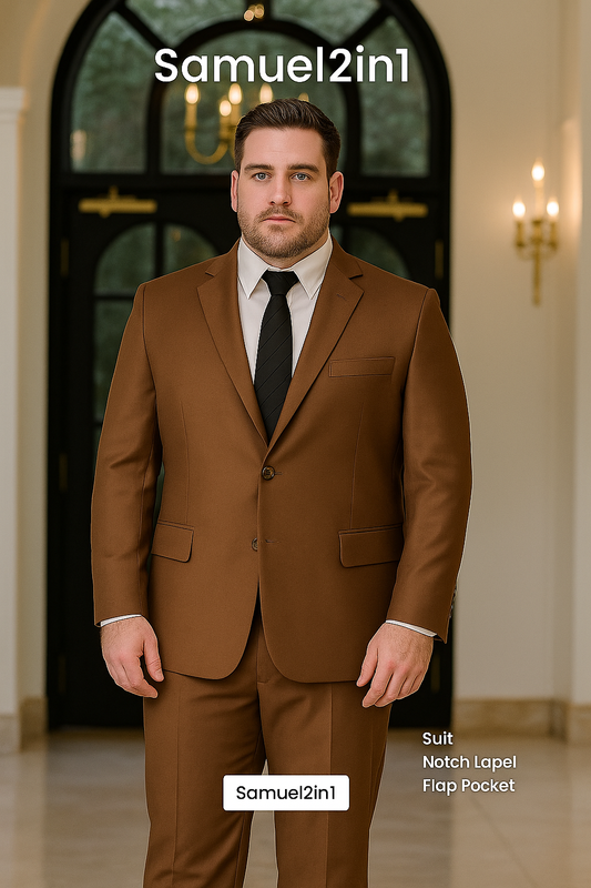 Made-to-Order Plus Size Brown Suit – Notch Lapel, Flap Pocket, Cashmere Blend