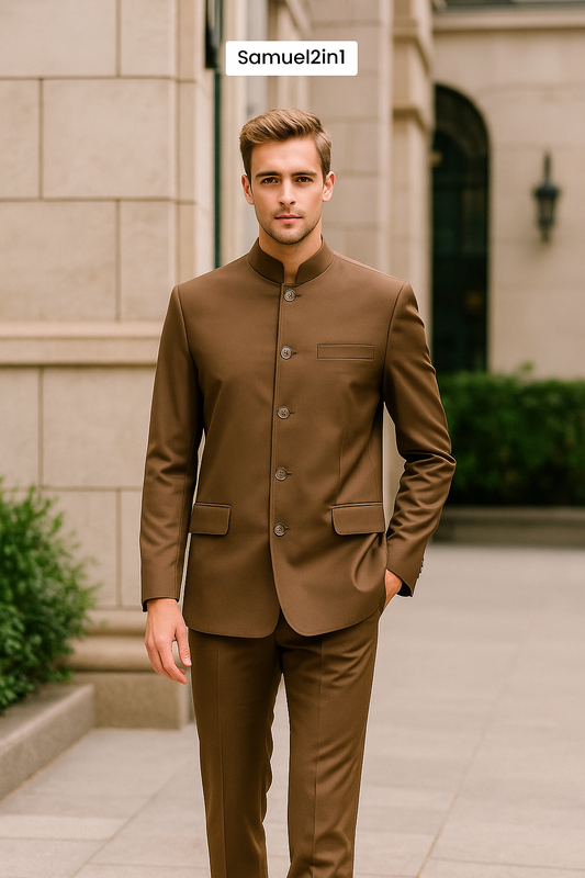 Samuel2in1 Made to Order – Brown Nehru Collar Suit with Flap Pockets