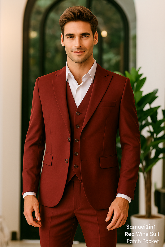 Samuel2in1 Made to Order – Red Wine 3-Piece Suit with Patch Pockets