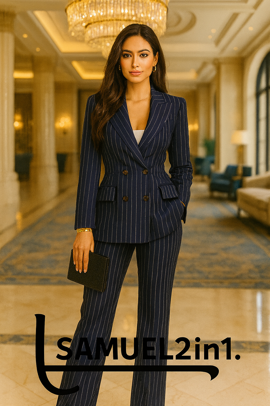 Women’s Navy Pinstripe Double-Breasted Suit | Samuel2in1 Luxury Tailoring