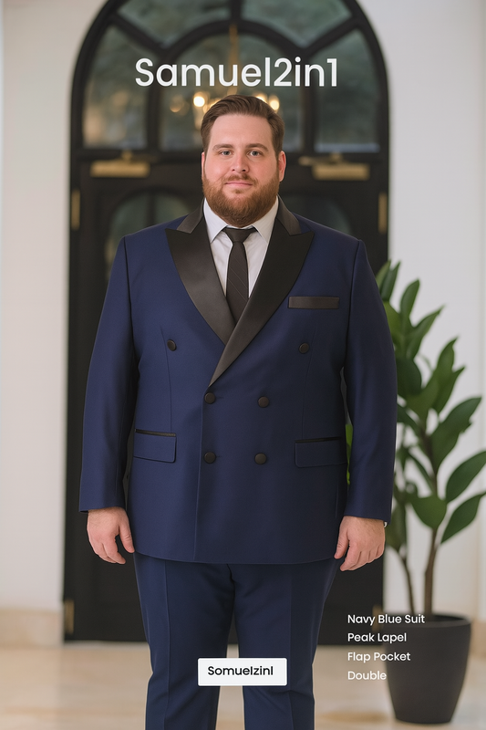Made-to-Order Plus Size Navy Blue Cashmere Blend Suit – Peak Lapel, Double-Breasted