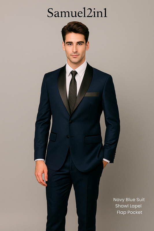 Made-to-Order Navy Blue Business Suit – Shawl Lapel, Flap Pockets